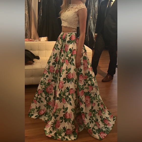 Sherri Hill Floral Two-Piece Dress in White and Pink - Picture 1 of 5